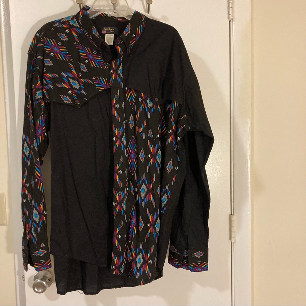 Vintage Ruddock Bros Black Southwest Aztec Print Garth Brooks Style Shirt